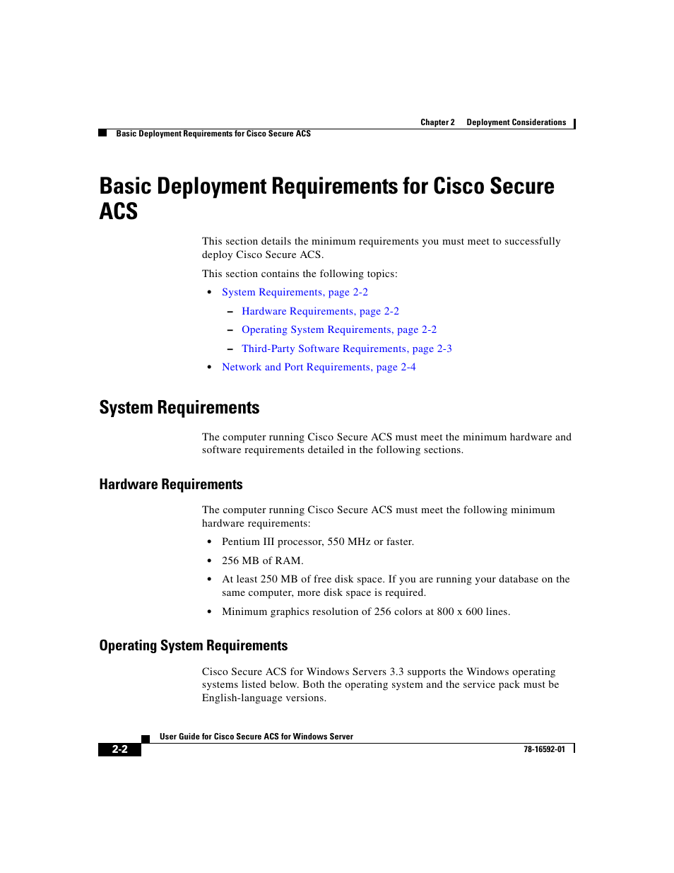 Basic deployment requirements for ciscosecure acs, System requirements, Hardware requirements | Operating system requirements, Basic deployment requirements for cisco secure acs | Cisco 3.3 User Manual | Page 78 / 860