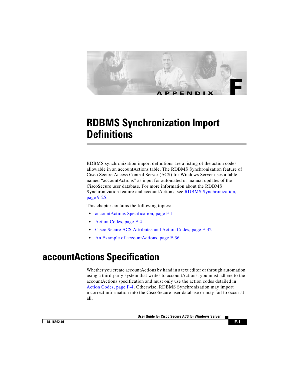 Rdbms synchronization import definitions, Accountactions specification, A p p e n d i x | A list o, Appendix f, “rdbms synchronization import, Definitions, Appendix f, “rdbms, Synchronization import definitions | Cisco 3.3 User Manual | Page 787 / 860