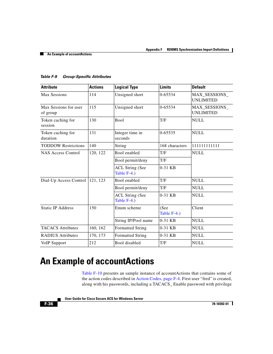 An example of accountactions, Table f-9 | Cisco 3.3 User Manual | Page 822 / 860