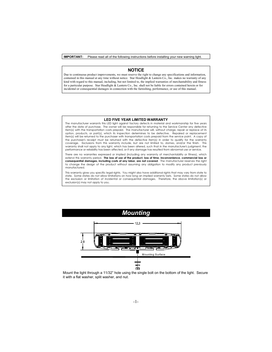 Mounting, Notice | Star Headlight & Lantern 7100 LED Series User Manual | Page 2 / 4