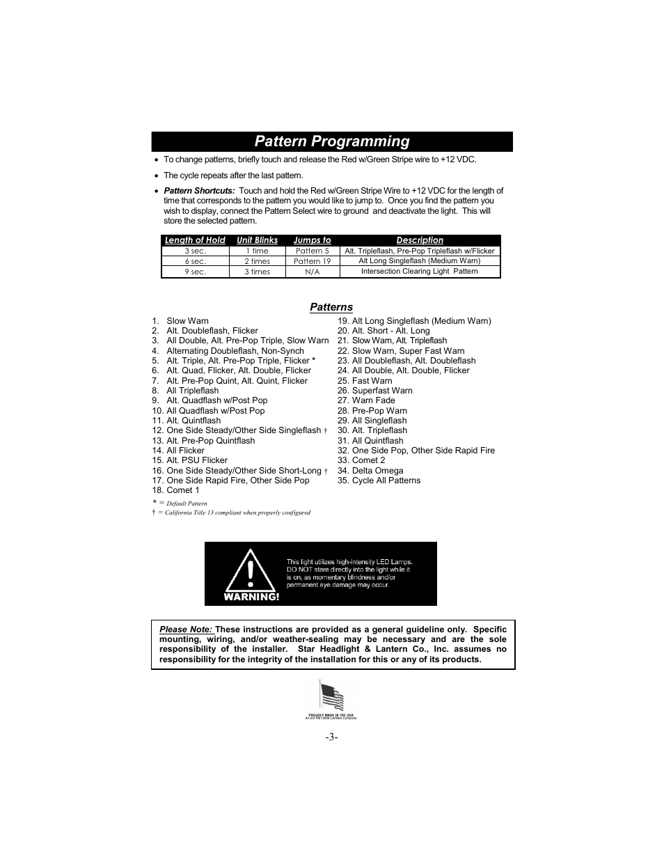 Pattern programming, Patterns | Star Headlight & Lantern 7100 LED Series User Manual | Page 4 / 4
