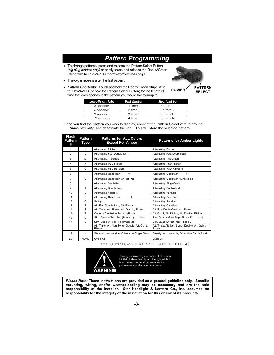 Pattern programming | Star Headlight & Lantern 9016 LED Series User Manual | Page 4 / 4