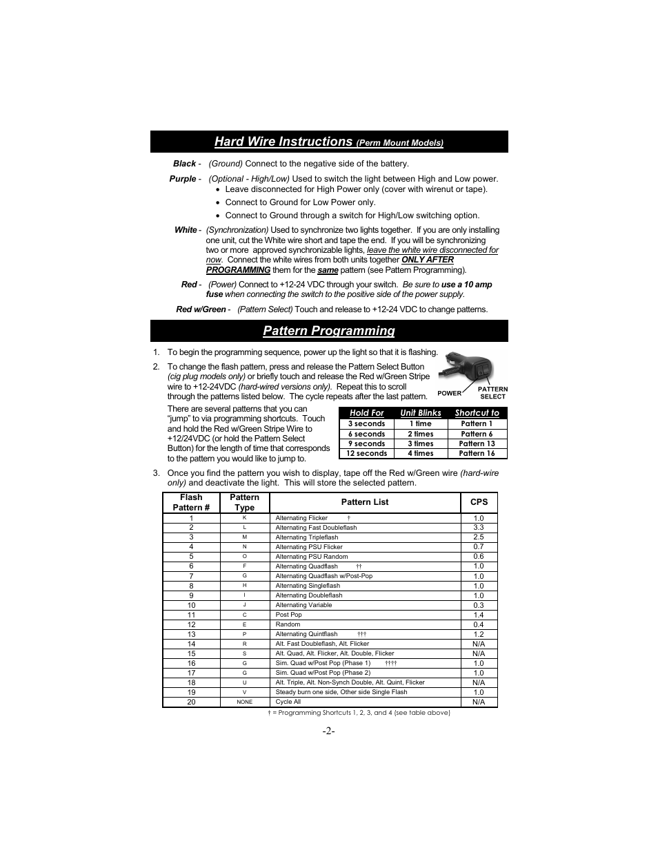 Hard wire instructions, Pattern programming | Star Headlight & Lantern 9100LED Series User Manual | Page 3 / 4