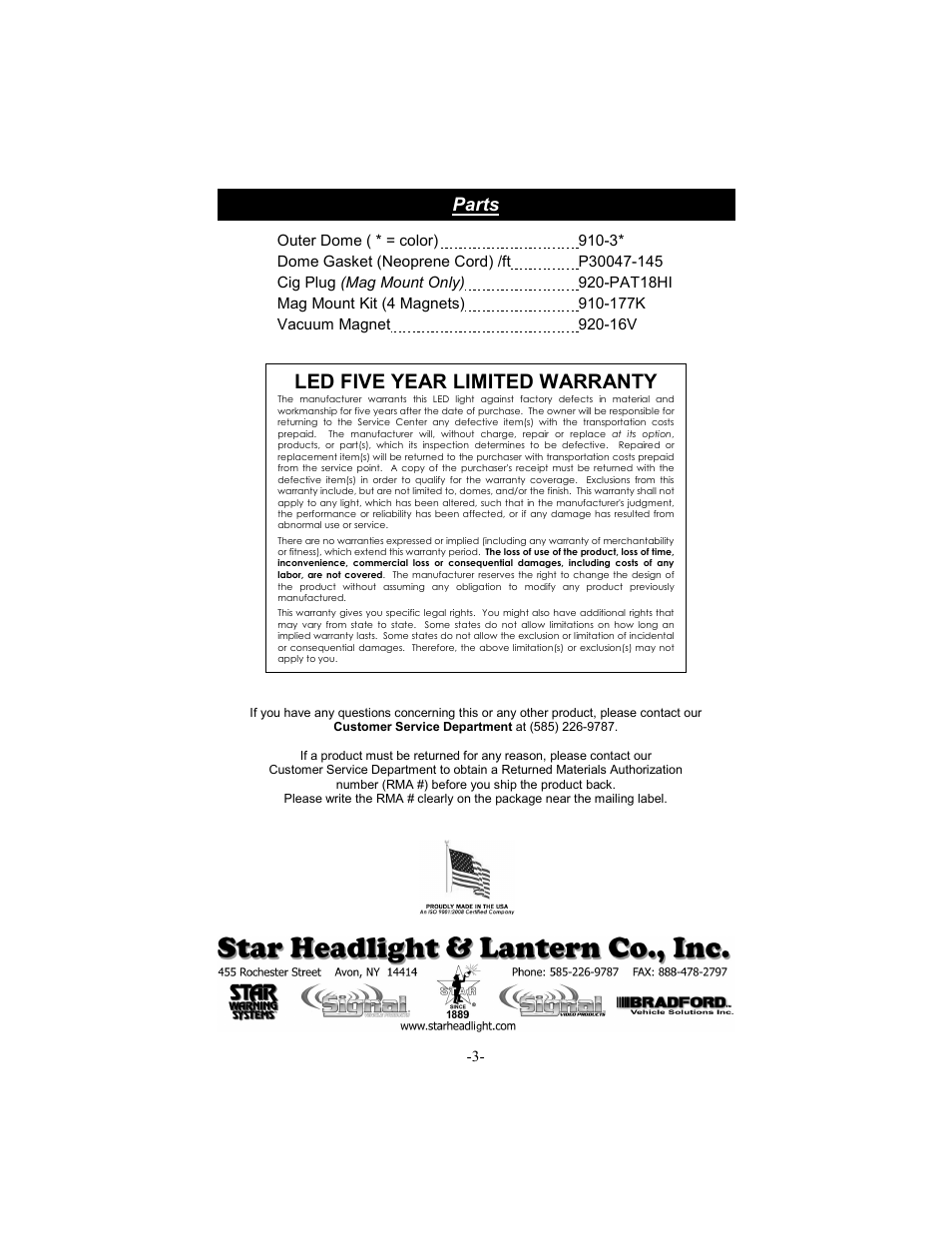 Led five year limited warranty, Parts | Star Headlight & Lantern 9100LED Series User Manual | Page 4 / 4