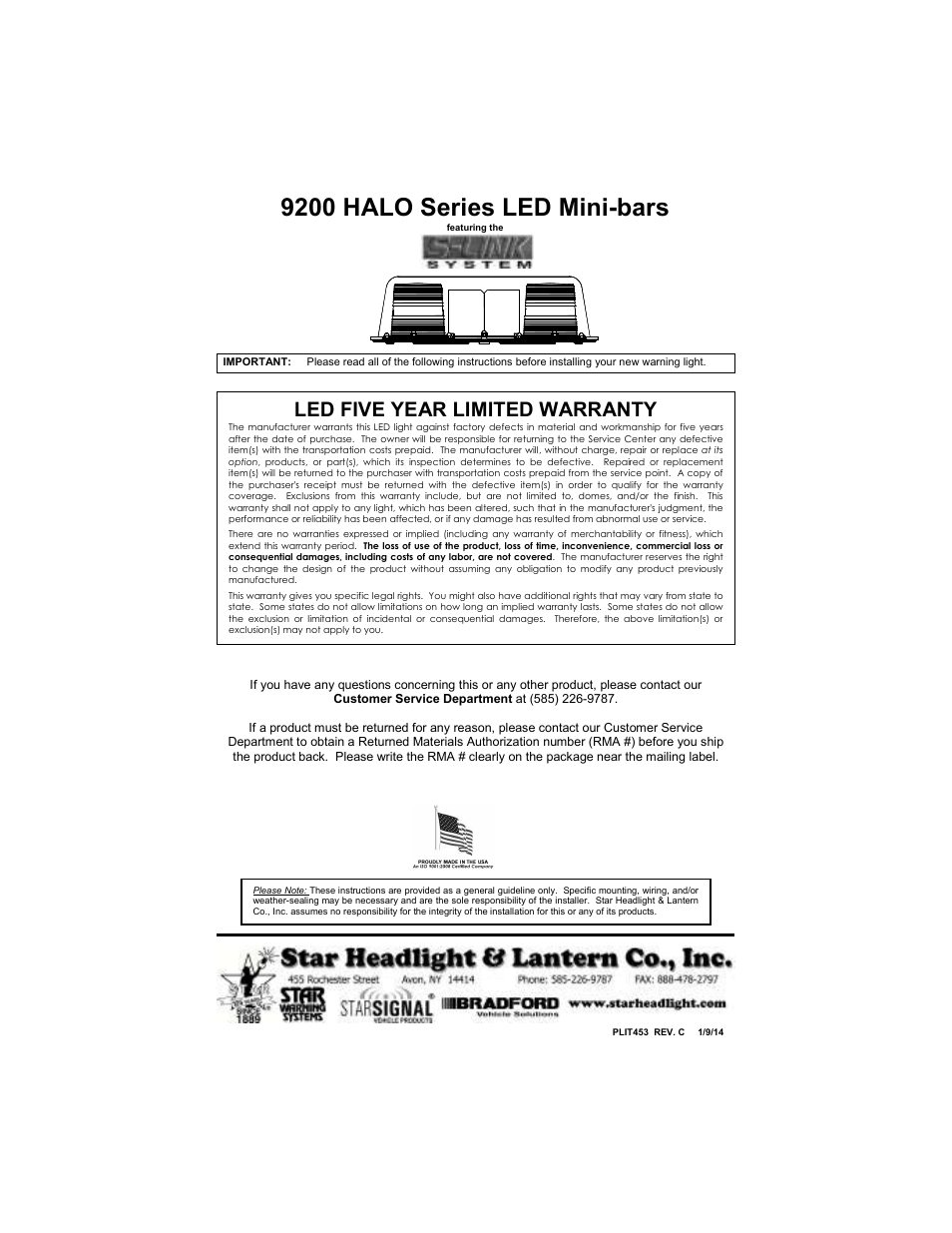 Star Headlight & Lantern 9200HL Series Star Halo LED User Manual | 4 pages