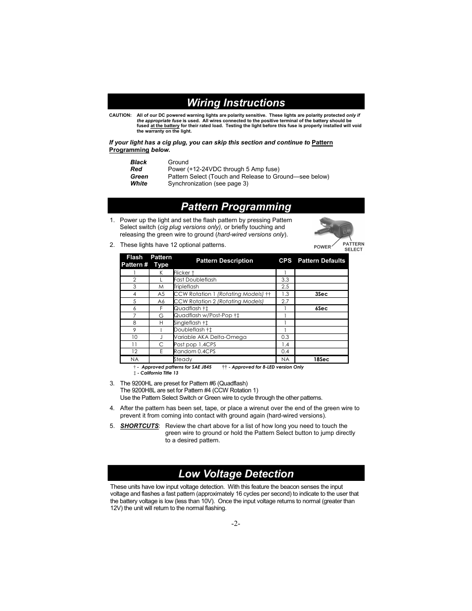 Wiring instructions, Pattern programming, Low voltage detection | Star Headlight & Lantern 9200HL Series Star Halo LED User Manual | Page 3 / 4