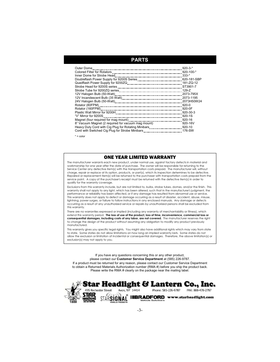 One year limited warranty, Parts | Star Headlight & Lantern 9224 Series User Manual | Page 4 / 4