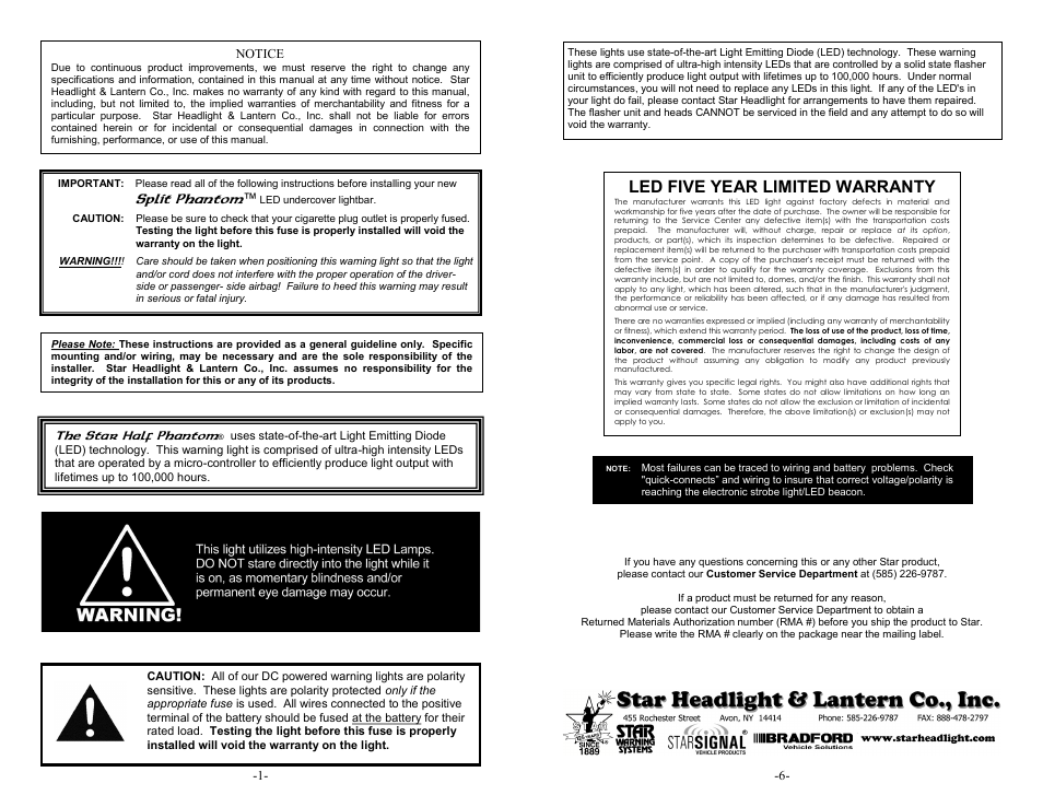 Led five year limited warranty, Split phantom | Star Headlight & Lantern ULB14 StarBurst Half Phantom Undercover User Manual | Page 2 / 4