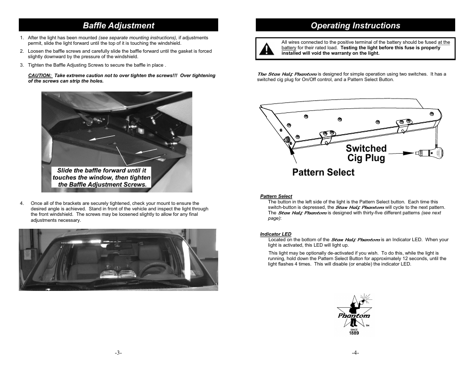 Pattern select switched cig plug, Baffle adjustment, Operating instructions | Star Headlight & Lantern ULB14 StarBurst Half Phantom Undercover User Manual | Page 4 / 4