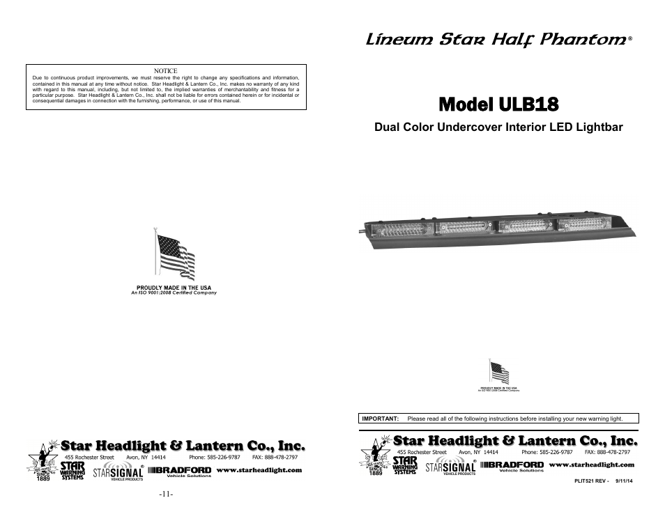 Star Headlight & Lantern ULB18 Lineum  Dual-Color Half-Phanto Interior LED Lightbar User Manual | 6 pages