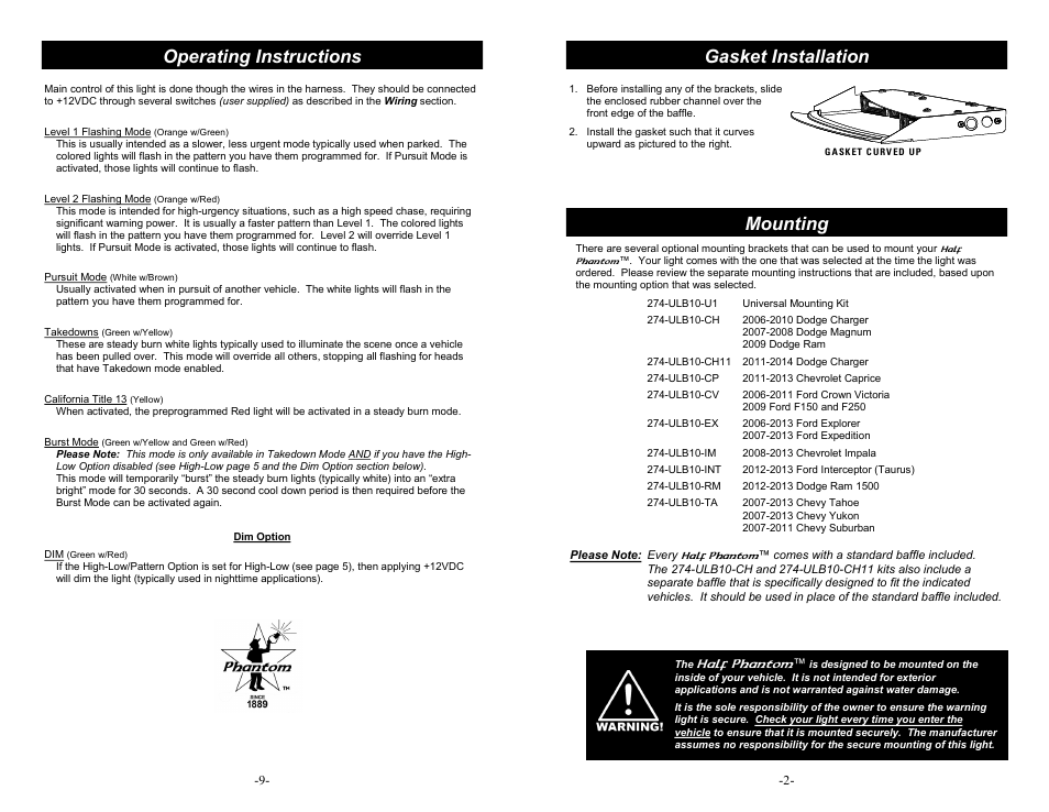 Operating instructions, Mounting, Gasket installation | Half phantom | Star Headlight & Lantern ULB18 Lineum  Dual-Color Half-Phanto Interior LED Lightbar User Manual | Page 3 / 6