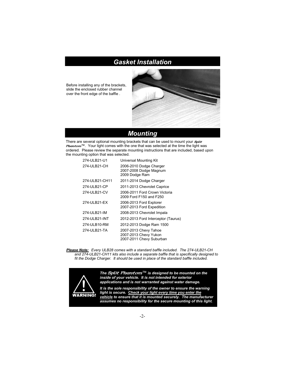 Mounting, Gasket installation, Split phantom | Star Headlight & Lantern ULB24 StarBurst Split-Phantom Undercover User Manual | Page 3 / 8