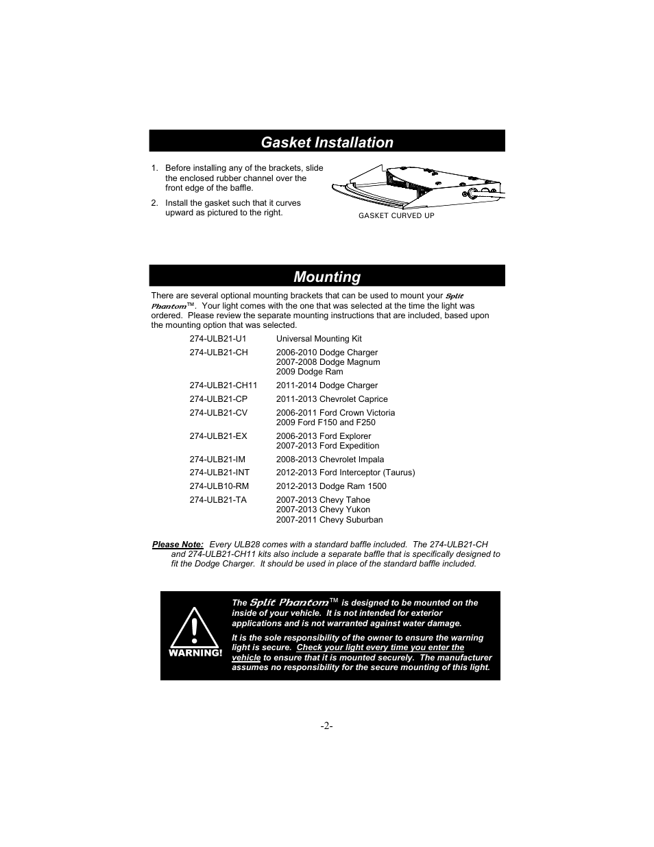 Mounting, Gasket installation, Split phantom | Star Headlight & Lantern ULB28 Lineum  Dual-Color Split-Phanto Interior LED Lightbar User Manual | Page 3 / 12