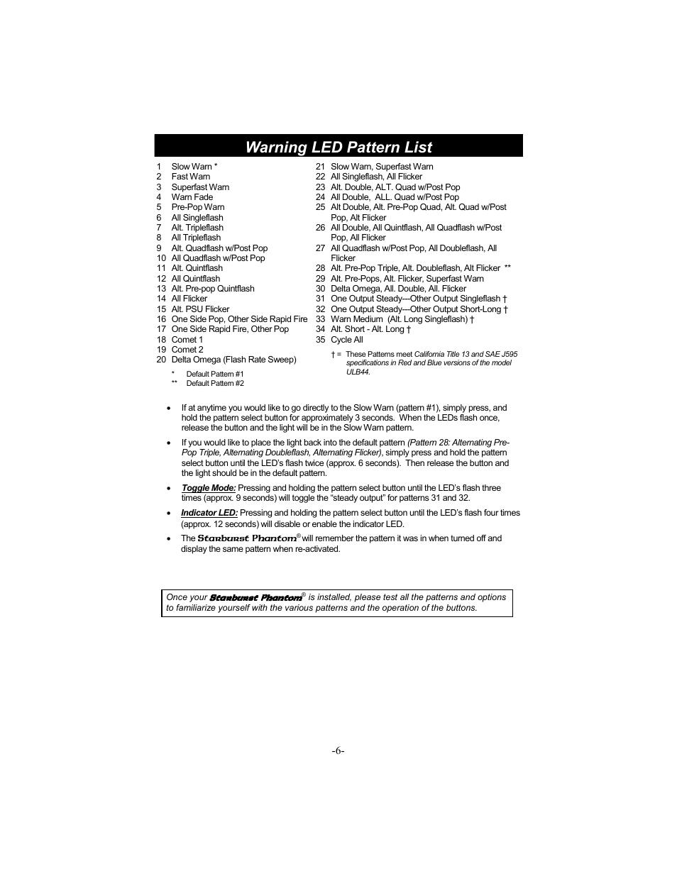 Warning led pattern list | Star Headlight & Lantern ULB44 The StarBurst Phantom Undercover User Manual | Page 7 / 8