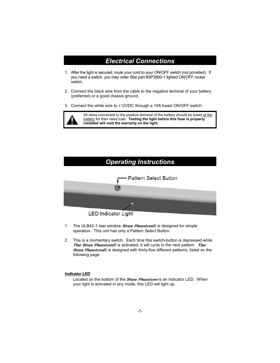 Operating instructions electrical connections | Star Headlight & Lantern ULB42 The Star Phantom Undercover User Manual | Page 6 / 8