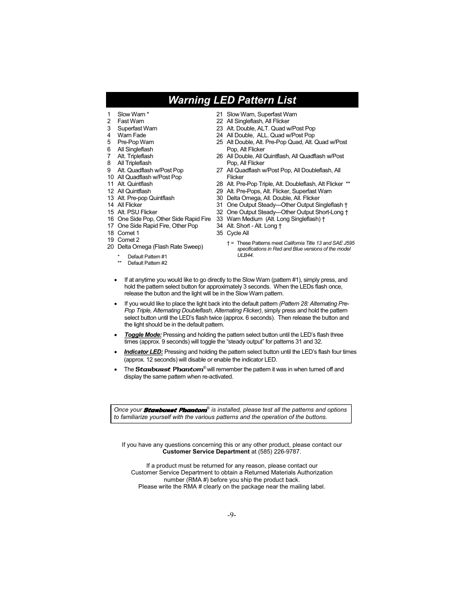 Warning led pattern list | Star Headlight & Lantern ULB44 The StarBurst Phantom Undercover User Manual | Page 10 / 12