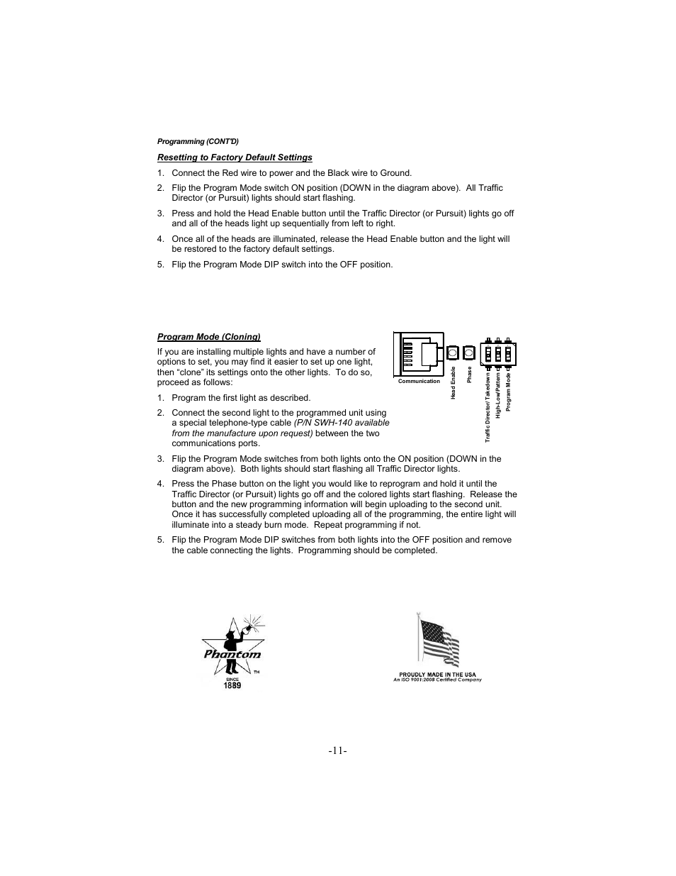 Program mode (cloning), Program the first light as described, Resetting to factory default settings | Star Headlight & Lantern ULB48 Lineum  Dual-Color Traffic Director Interior LED Lightbar User Manual | Page 12 / 16