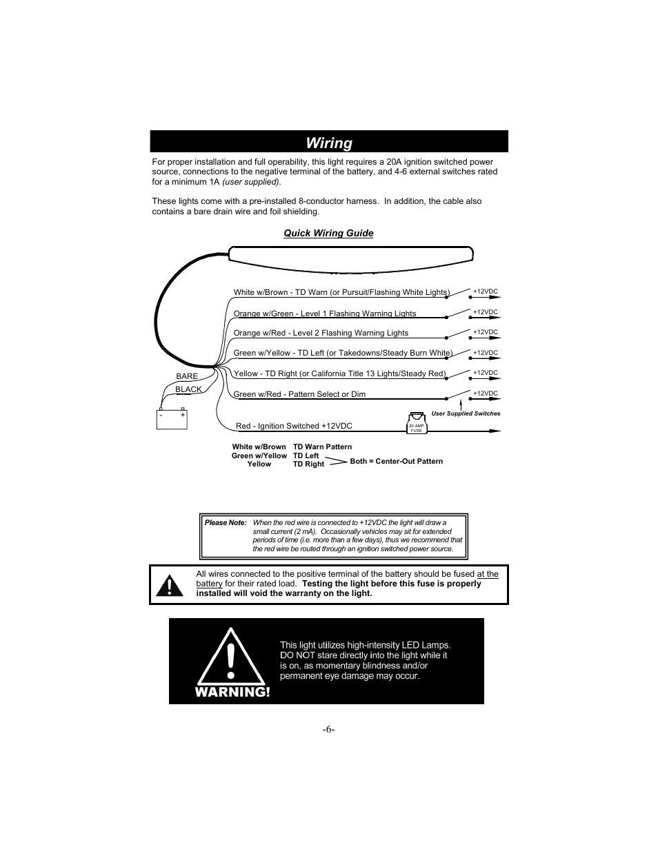 Wiring, Quick wiring guide | Star Headlight & Lantern ULB48 Lineum  Dual-Color Traffic Director Interior LED Lightbar User Manual | Page 7 / 16