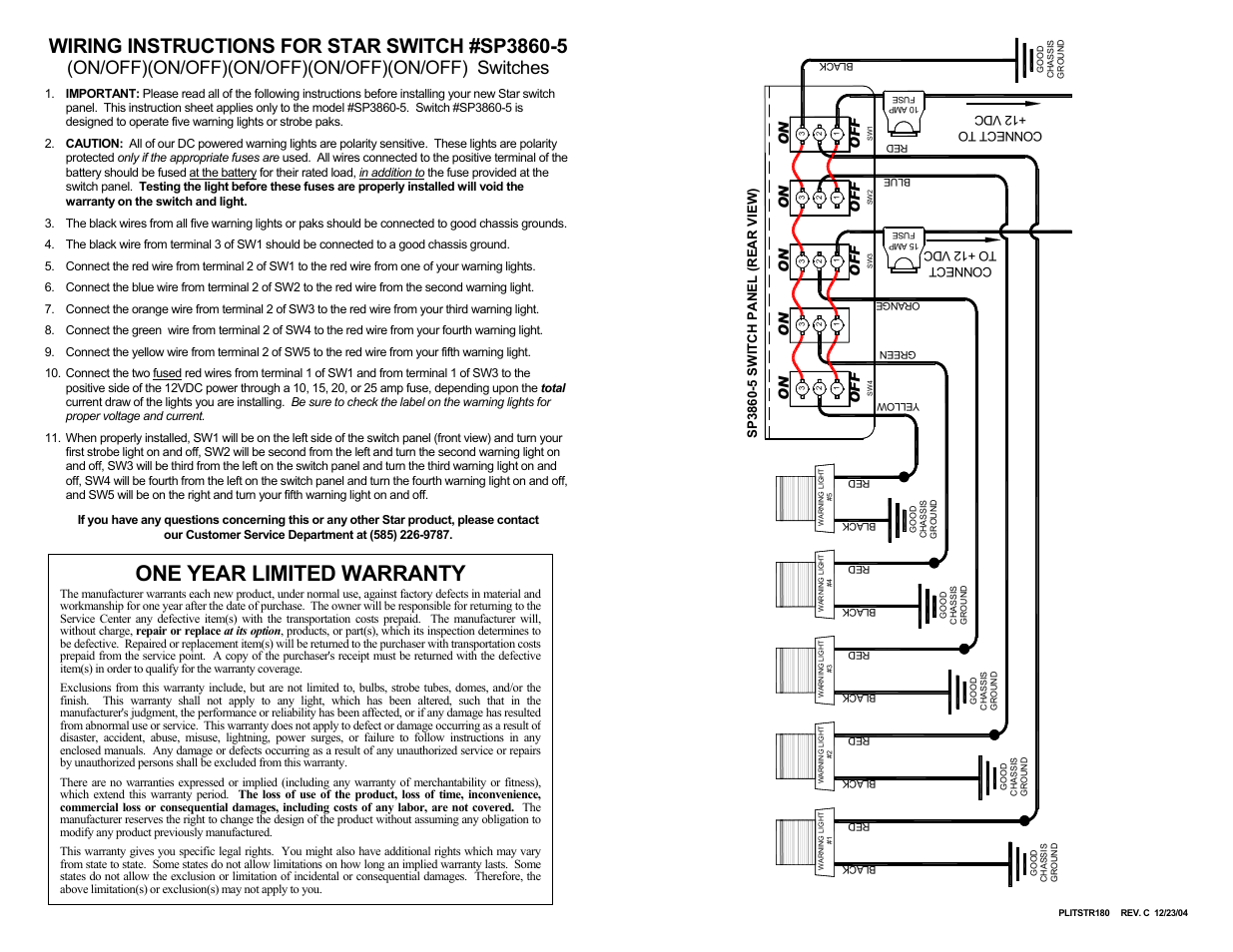 Star Headlight & Lantern SP3860-5 Switch Panel User Manual | 1 page