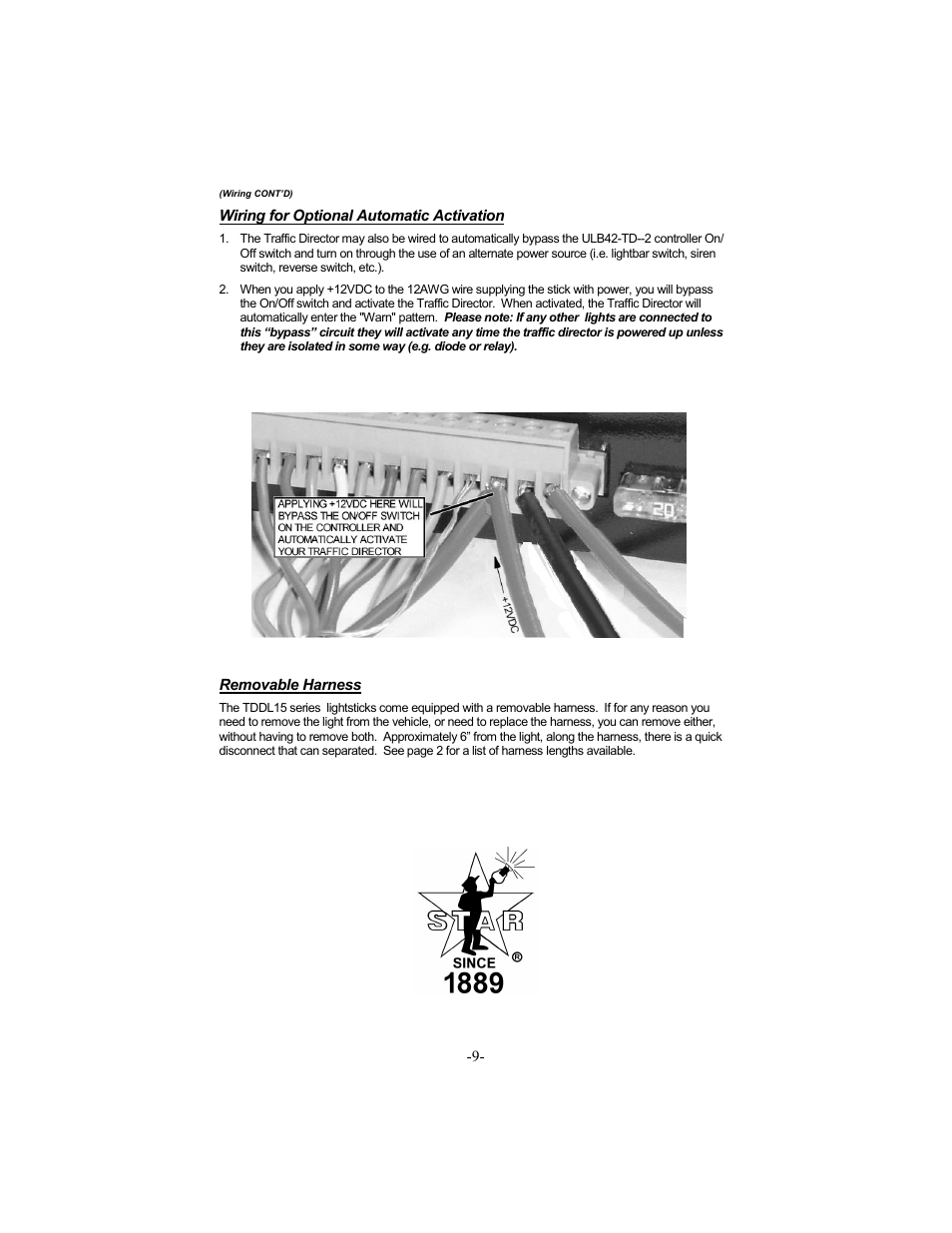 Wiring for optional automatic activation, Removable harness | Star Headlight & Lantern TDDL15 Series High Intensity User Manual | Page 11 / 16