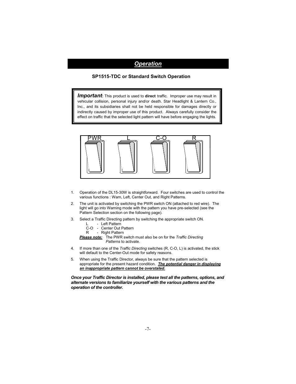 Operation, Pwr l c-o r, Important | Star Headlight & Lantern DL15-30 User Manual | Page 10 / 20