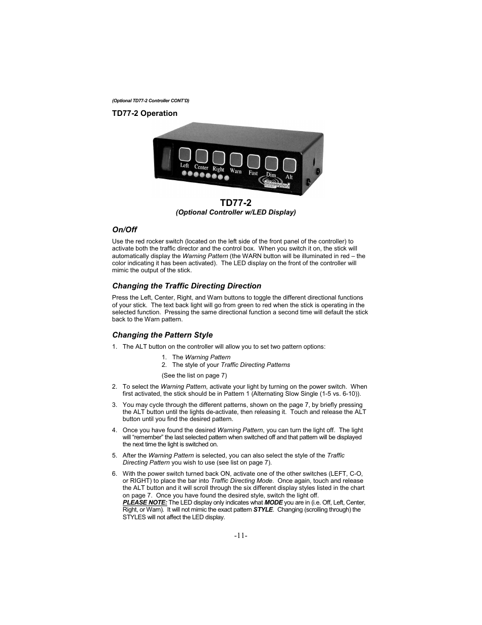 Td77-2, Td77-2 operation, On/off | Changing the traffic directing direction, Changing the pattern style | Star Headlight & Lantern DL15-30 User Manual | Page 14 / 20