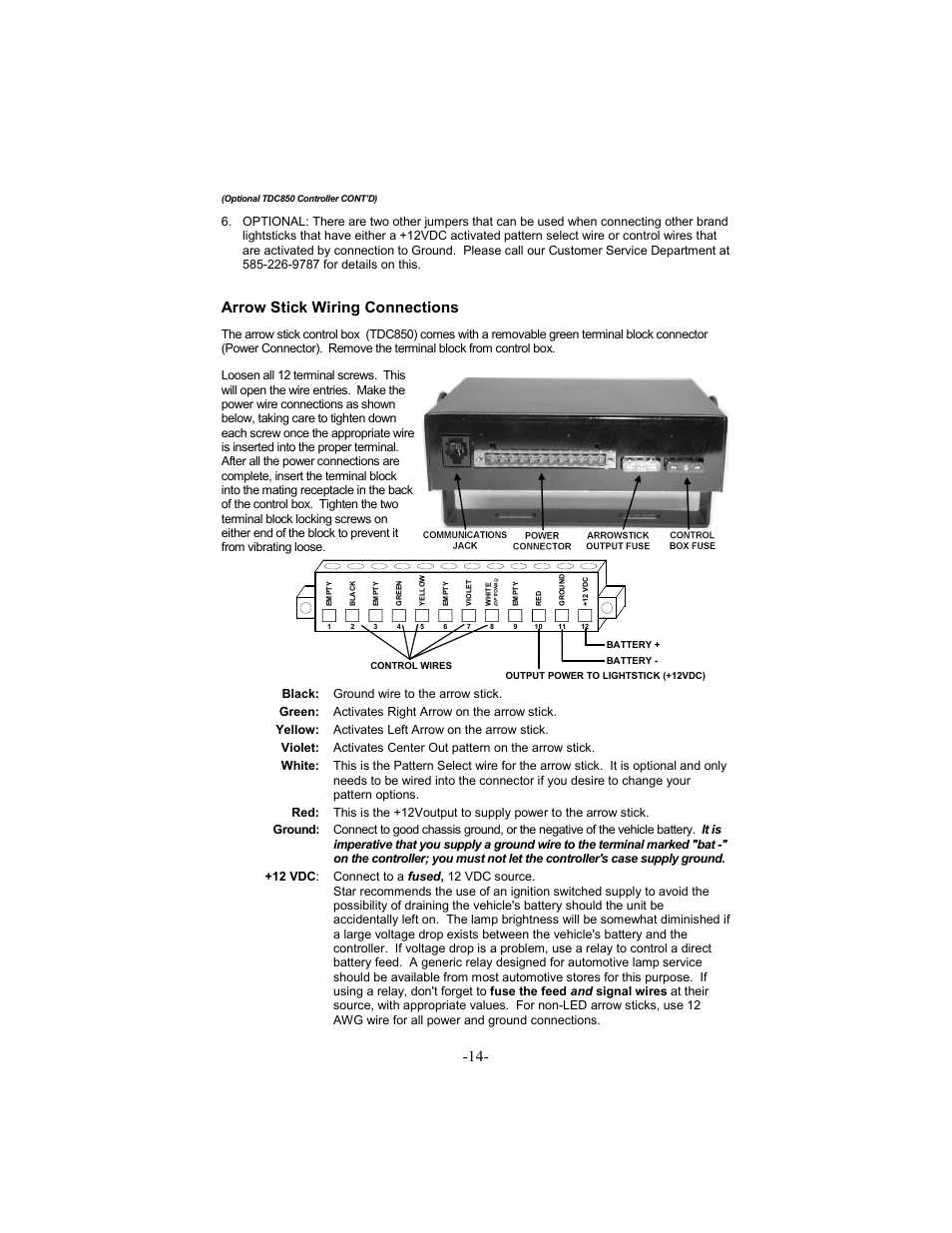 Tdc850 arrowstick controller, Arrow stick wiring connections, Black: ground wire to the arrow stick | Green: activates right arrow on the arrow stick, Yellow: activates left arrow on the arrow stick | Star Headlight & Lantern DL15-30 User Manual | Page 17 / 20