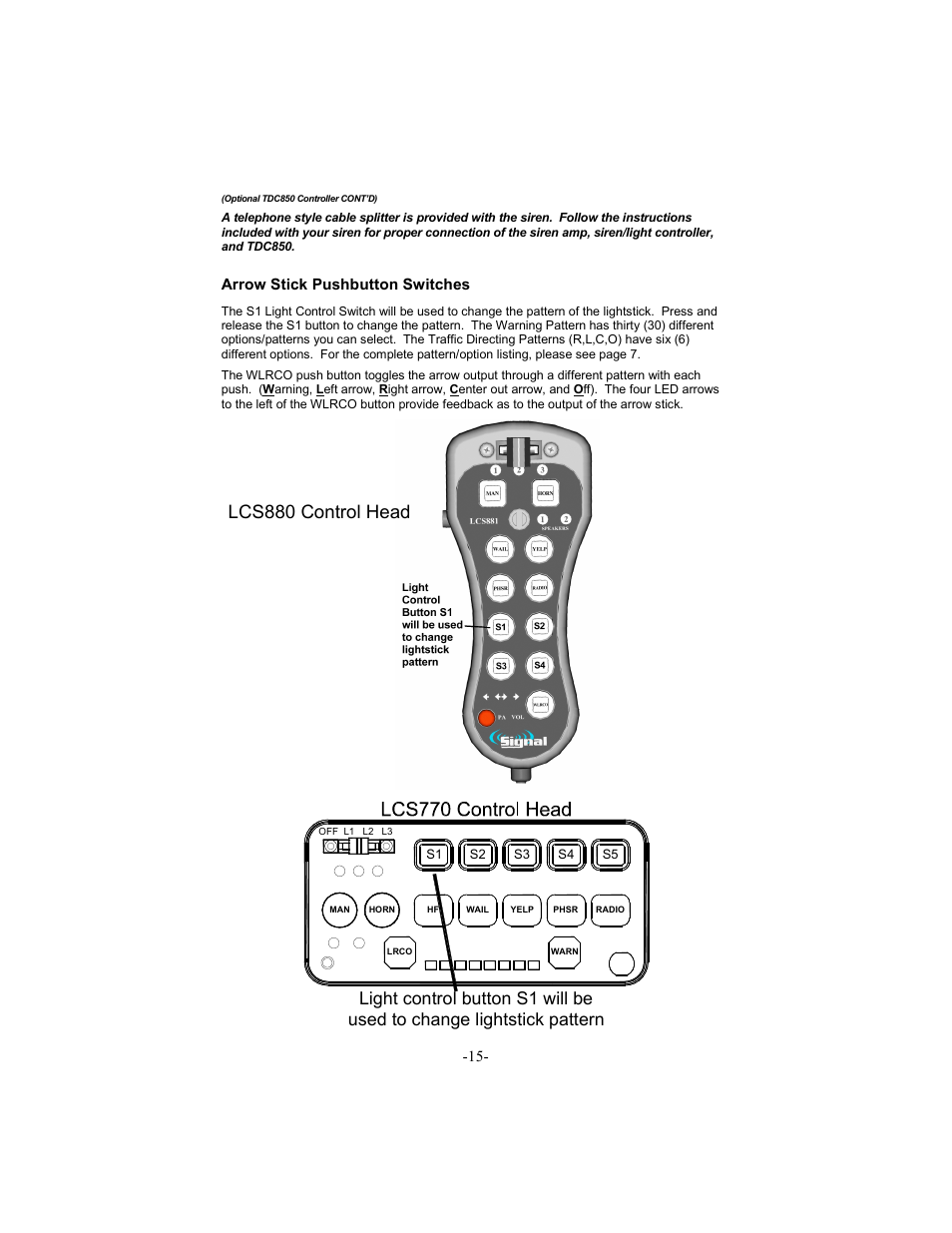 Lcs880 control head, Arrow stick pushbutton switches | Star Headlight & Lantern DL15-30 User Manual | Page 18 / 20