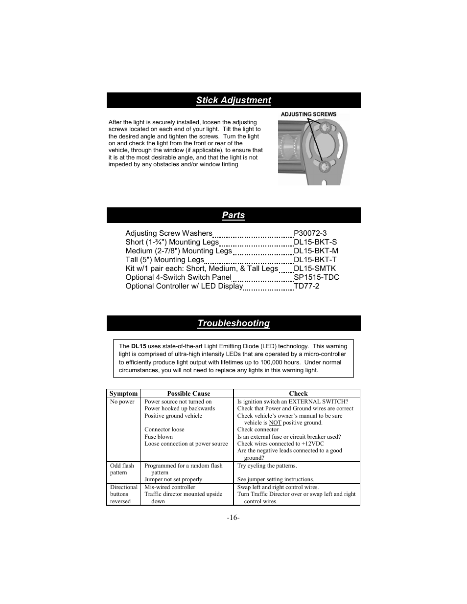 Stick adjustment, Parts, Troubleshooting | Star Headlight & Lantern DL15-30 User Manual | Page 19 / 20