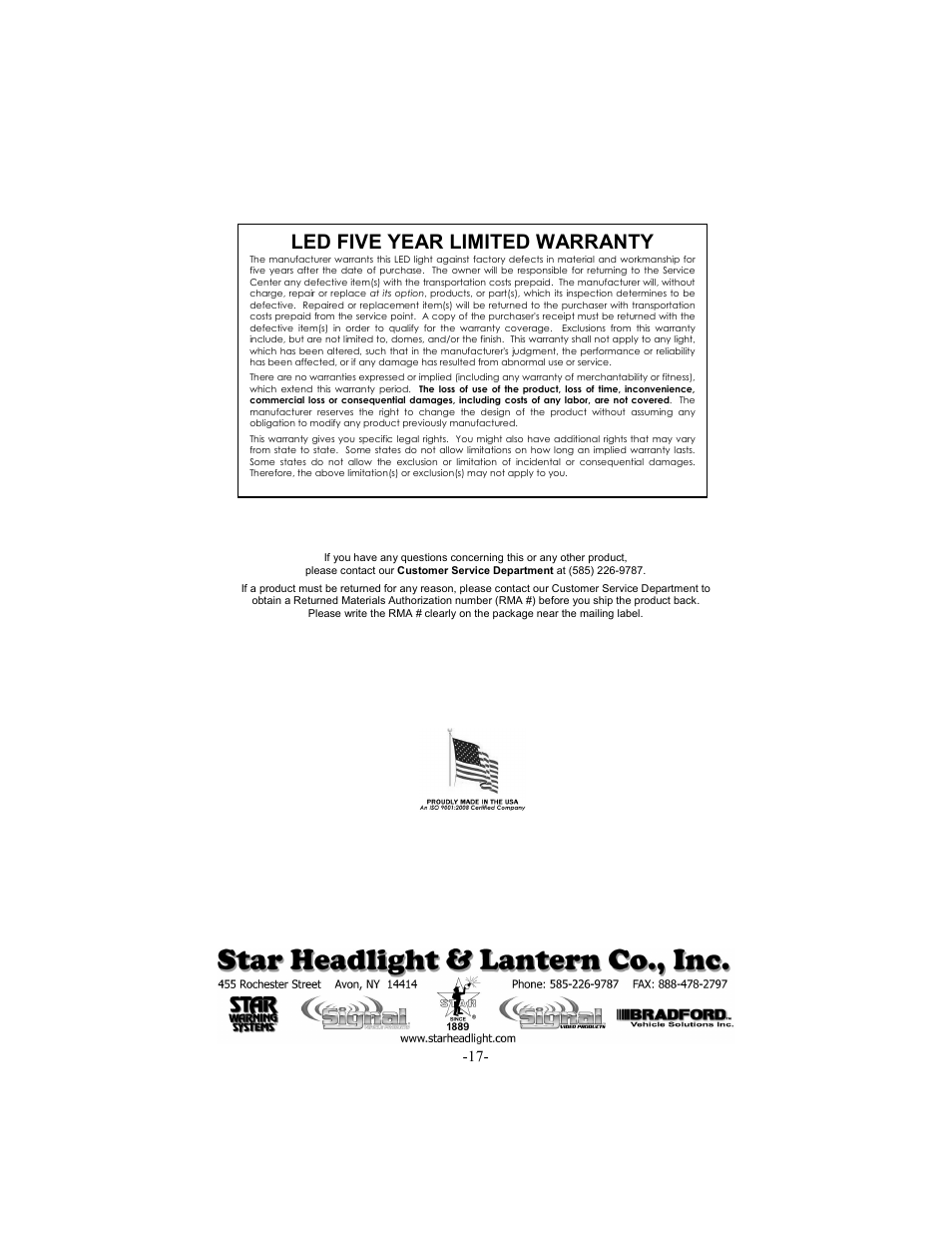 Led five year limited warranty | Star Headlight & Lantern DL15-30 User Manual | Page 20 / 20