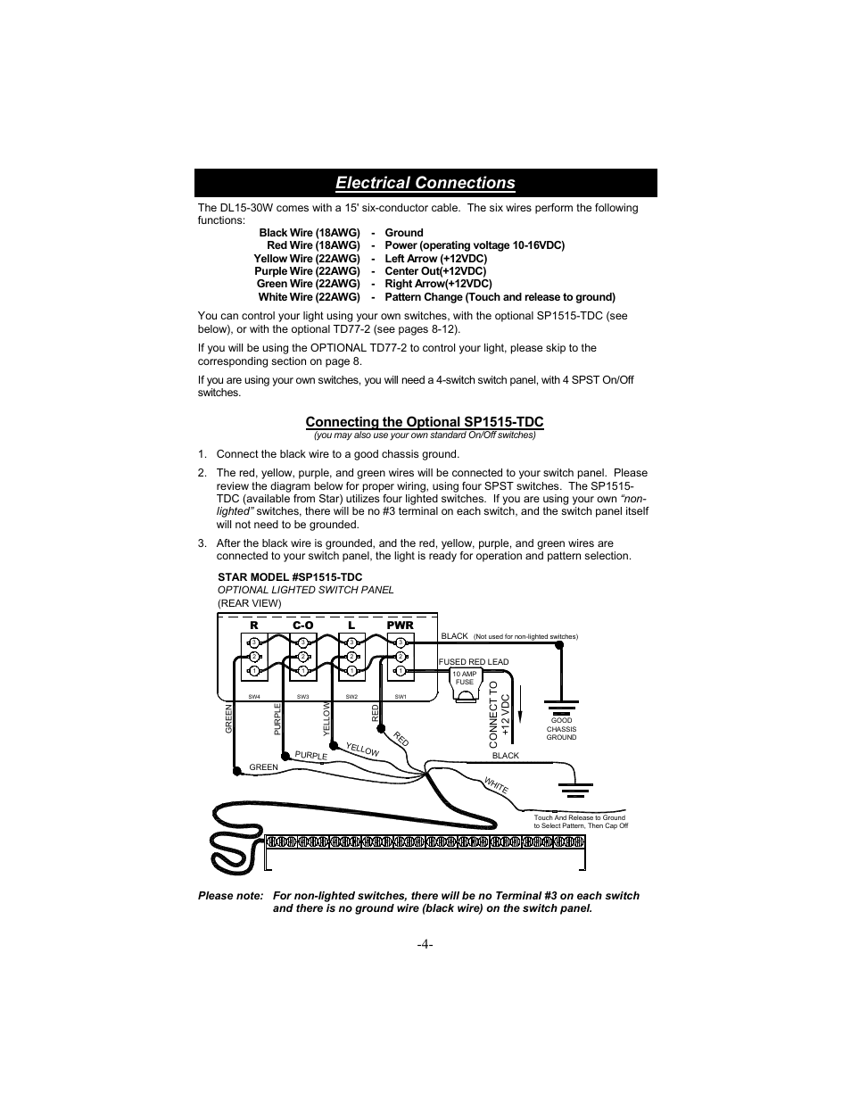 Electrical connections, Connecting the optional sp1515-tdc | Star Headlight & Lantern DL15-30 User Manual | Page 7 / 20