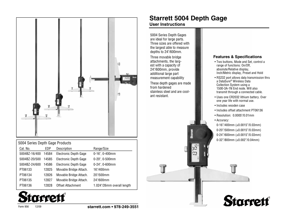 Starrett 5004 Depth Gage User Manual | 2 pages