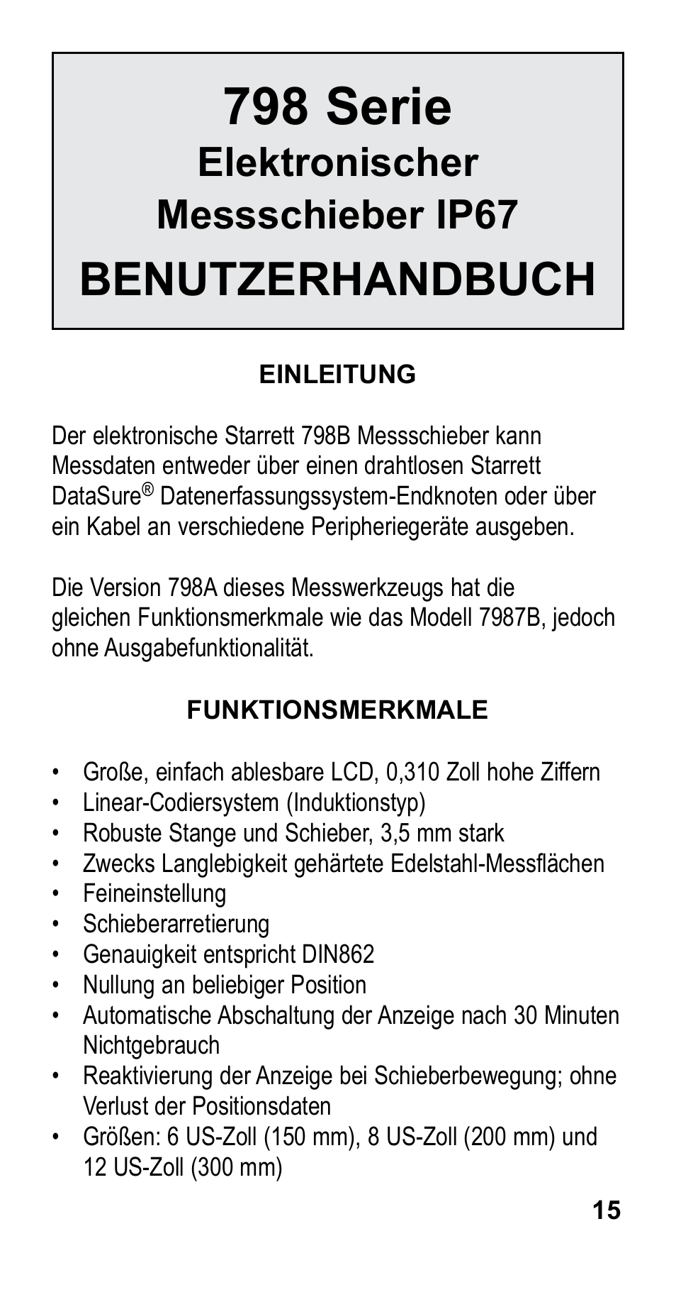 798 serie, Benutzerhandbuch, Elektronischer messschieber ip67 | Starrett 798 Electronic Slide Caliper User Manual | Page 15 / 20