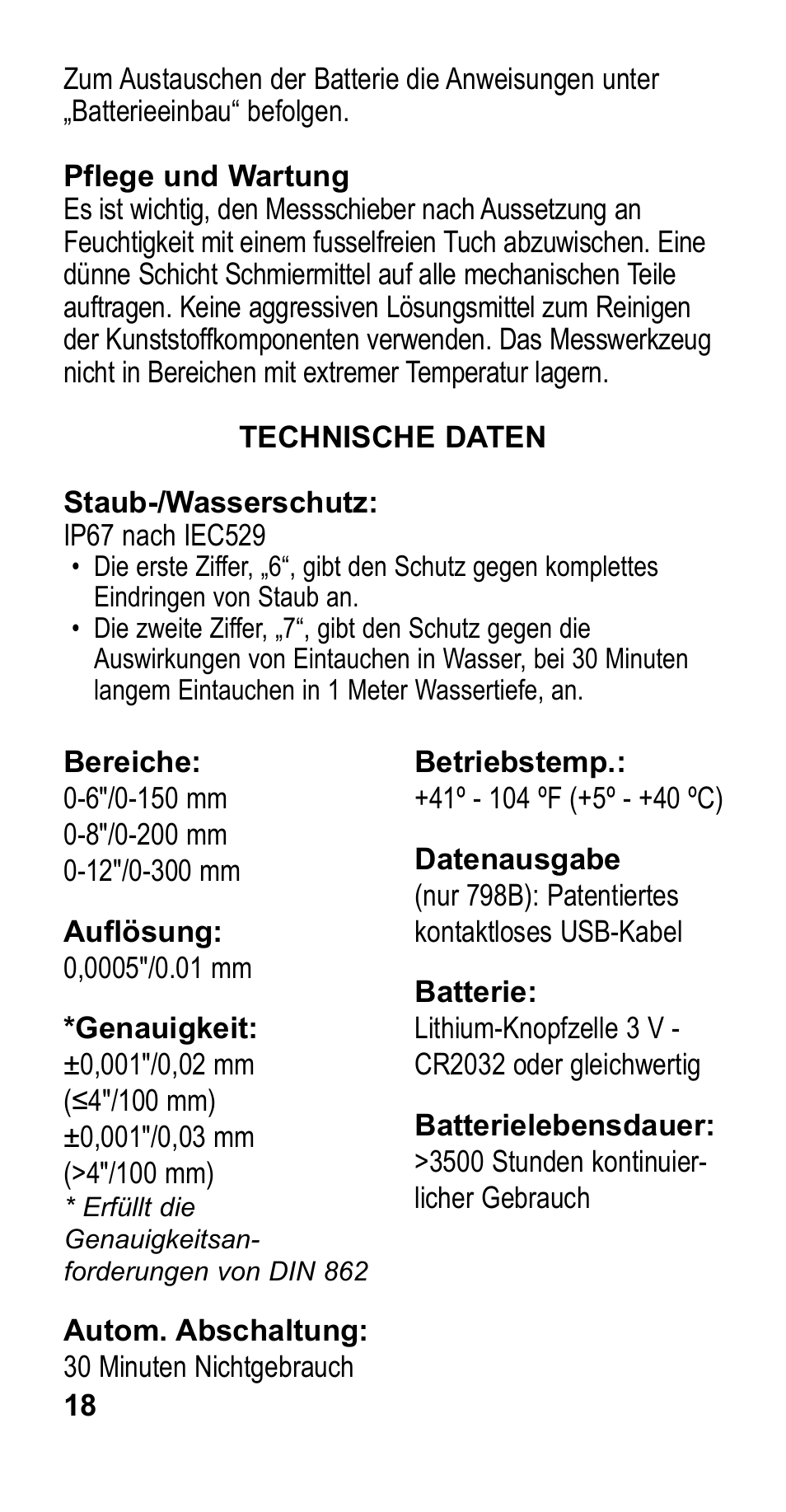 Starrett 798 Electronic Slide Caliper User Manual | Page 18 / 20