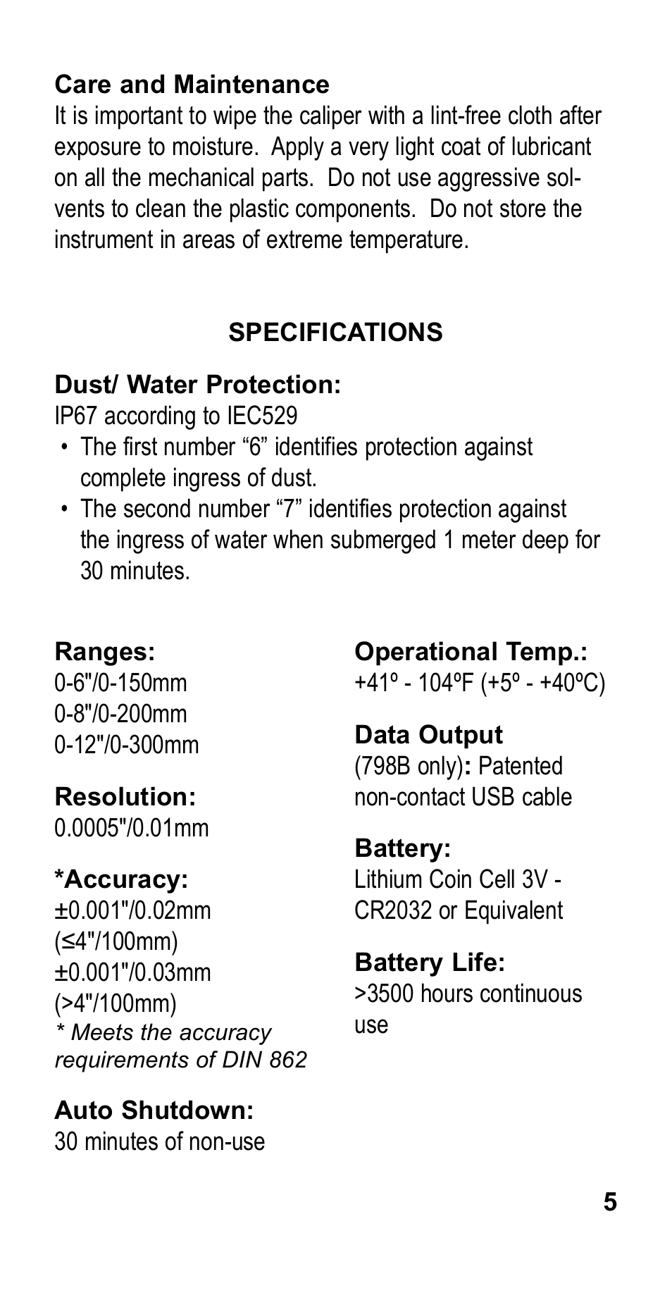 Starrett 798 Electronic Slide Caliper User Manual | Page 5 / 20