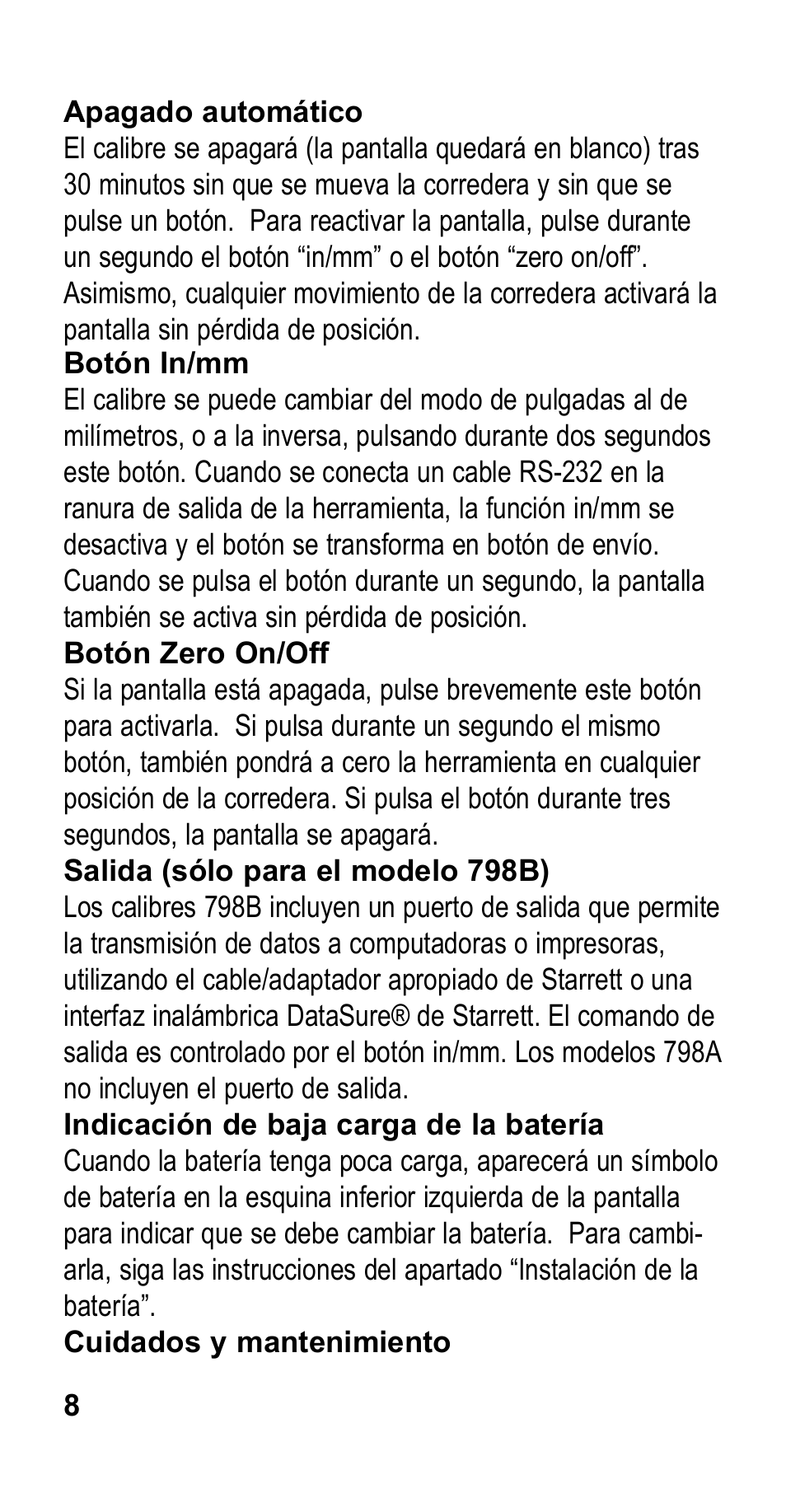 Starrett 798 Electronic Slide Caliper User Manual | Page 8 / 20