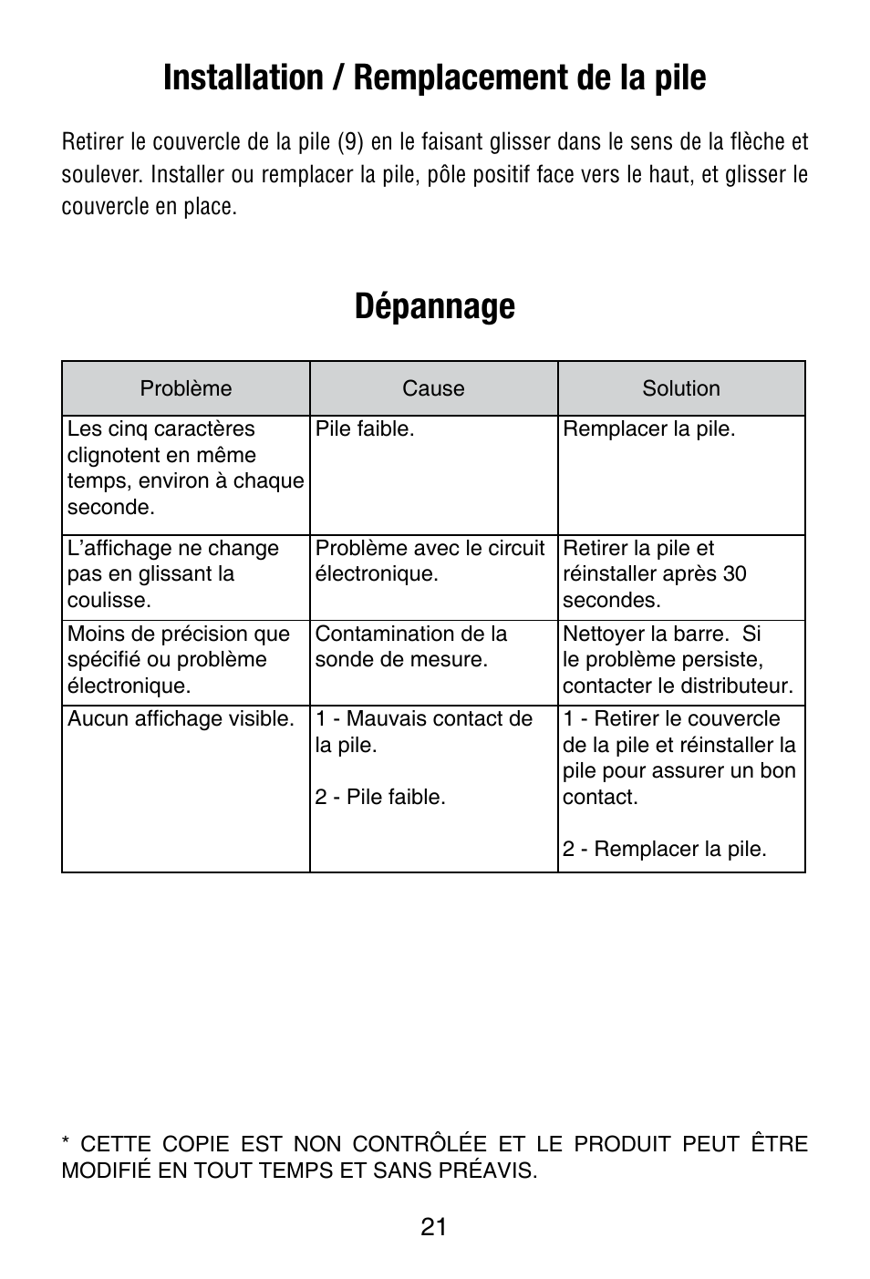 Installation / remplacement de la pile, Dépannage | Starrett 799 Electronic Slide Caliper User Manual | Page 21 / 48