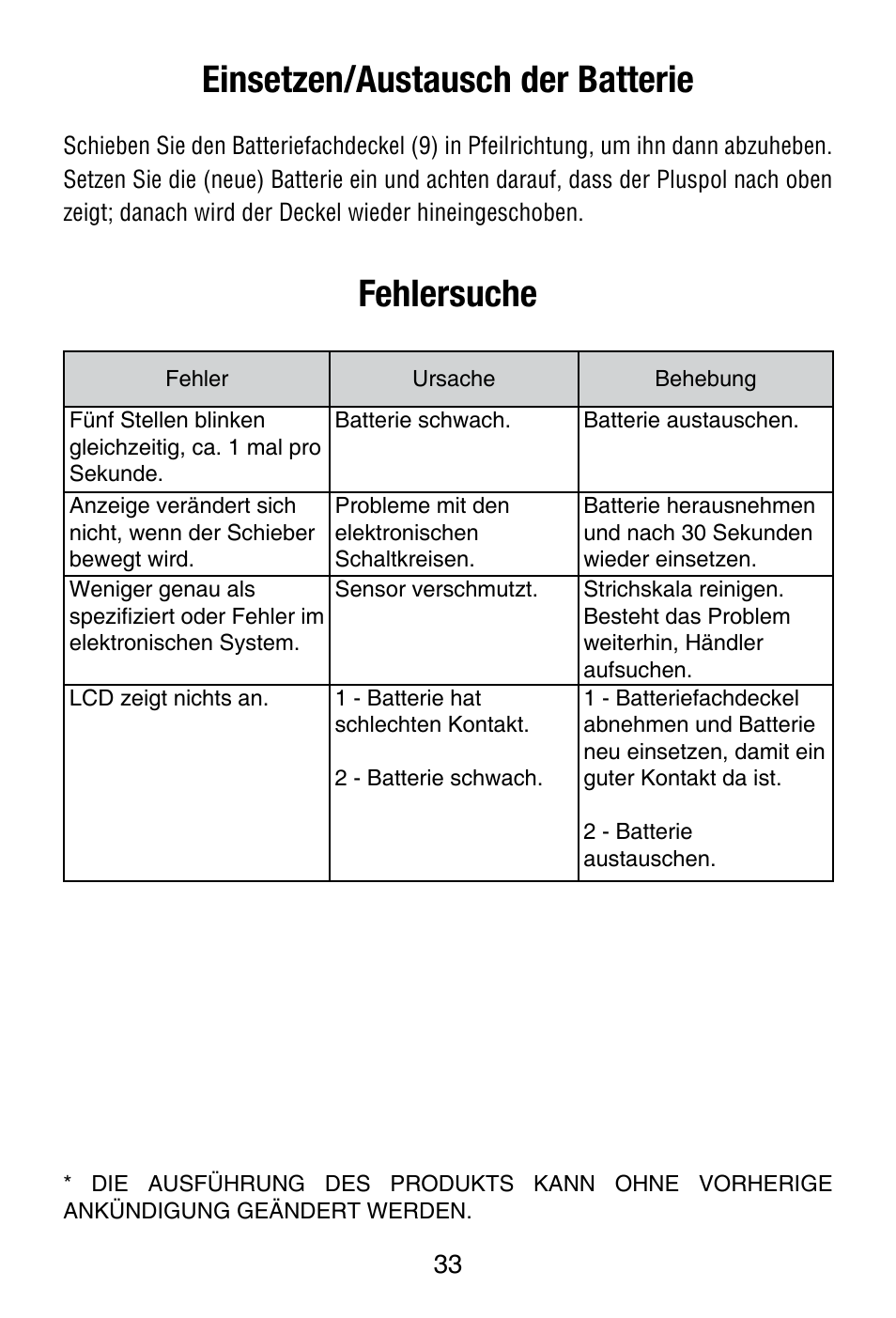 Einsetzen/austausch der batterie, Fehlersuche | Starrett 799 Electronic Slide Caliper User Manual | Page 33 / 48