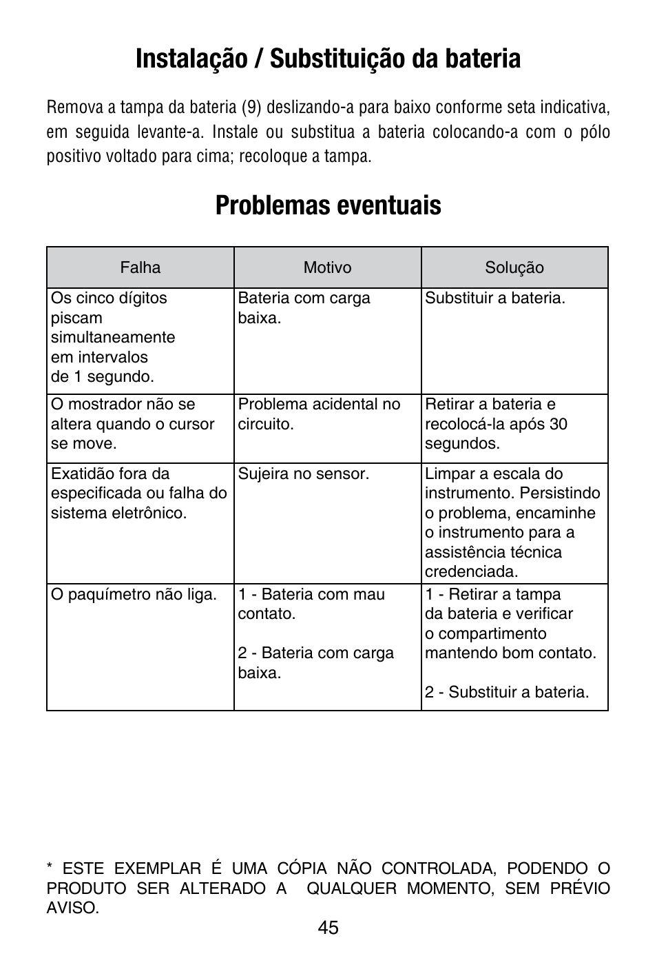 Instalação / substituição da bateria, Problemas eventuais | Starrett 799 Electronic Slide Caliper User Manual | Page 45 / 48
