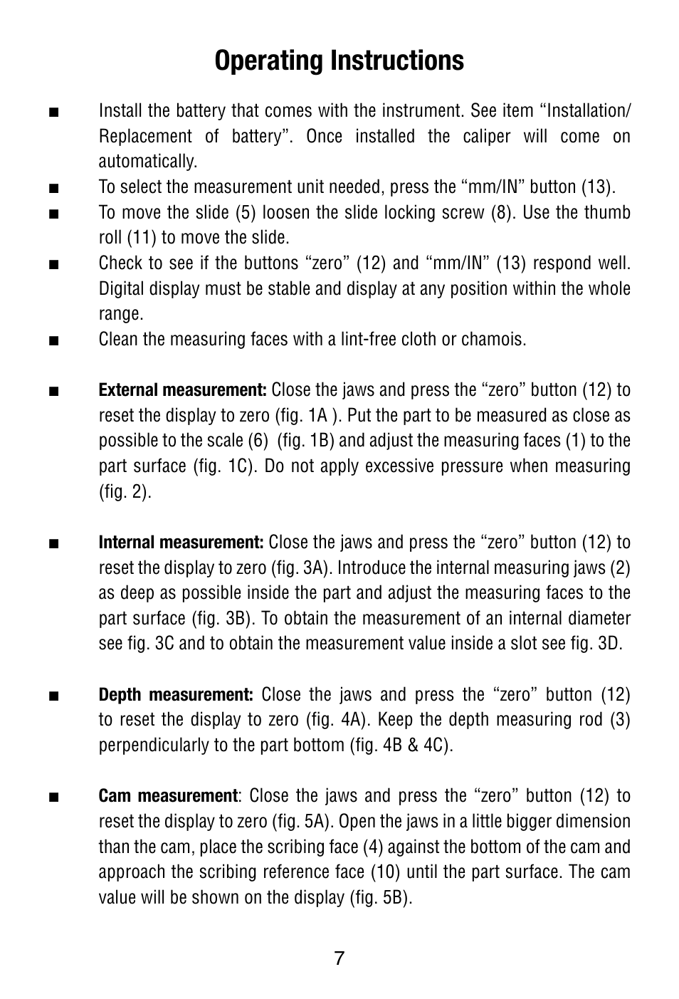 Operating instructions | Starrett 799 Electronic Slide Caliper User Manual | Page 7 / 48