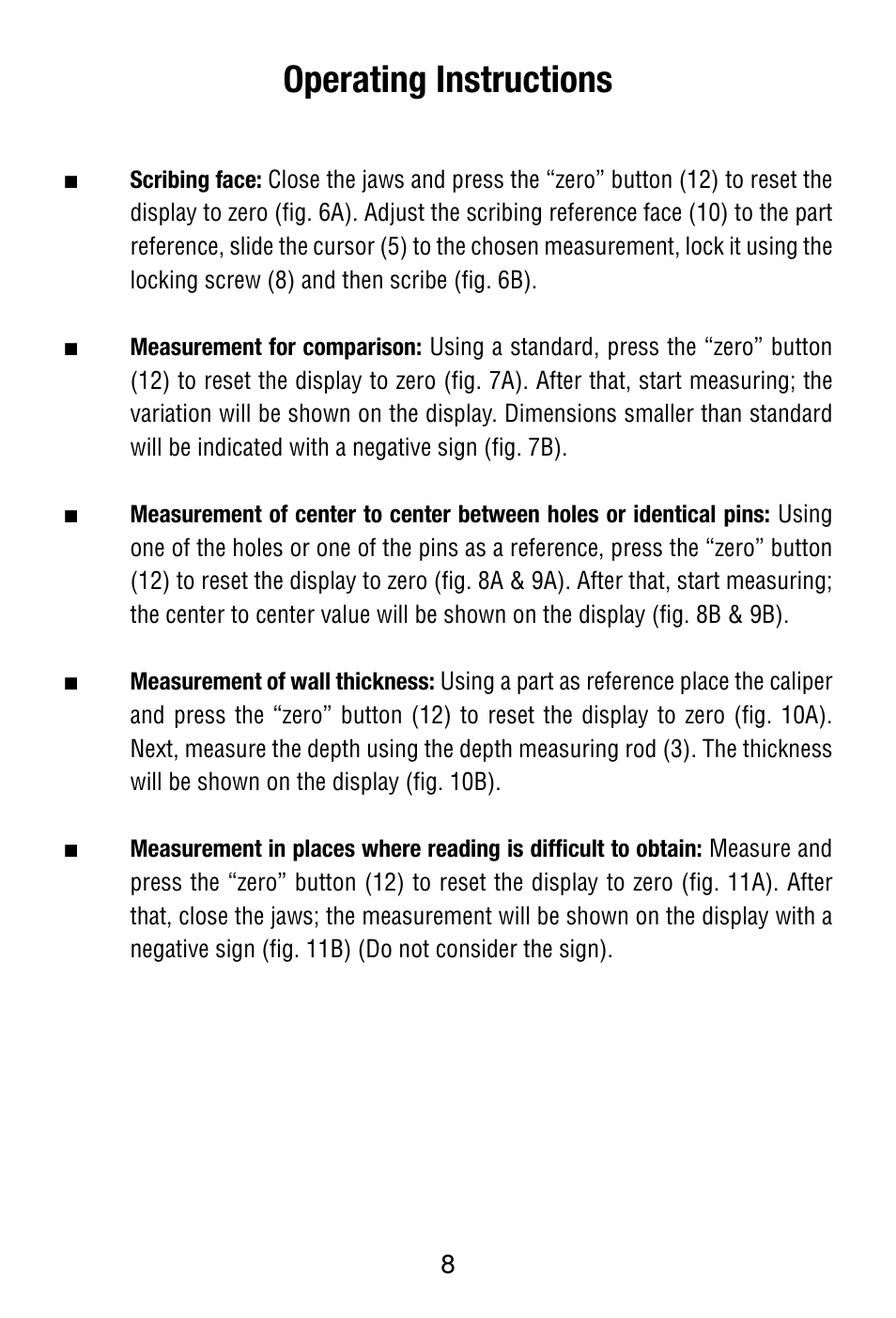 Operating instructions | Starrett 799 Electronic Slide Caliper User Manual | Page 8 / 48