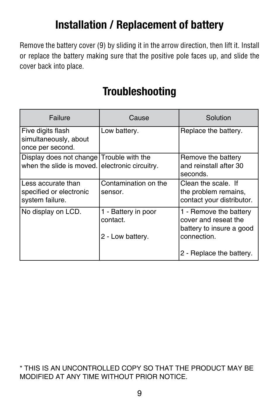 Installation / replacement of battery, Troubleshooting | Starrett 799 Electronic Slide Caliper User Manual | Page 9 / 48