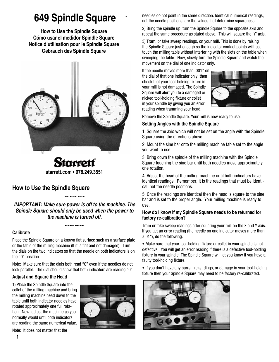 Starrett 649 Spindle Square User Manual | 4 pages