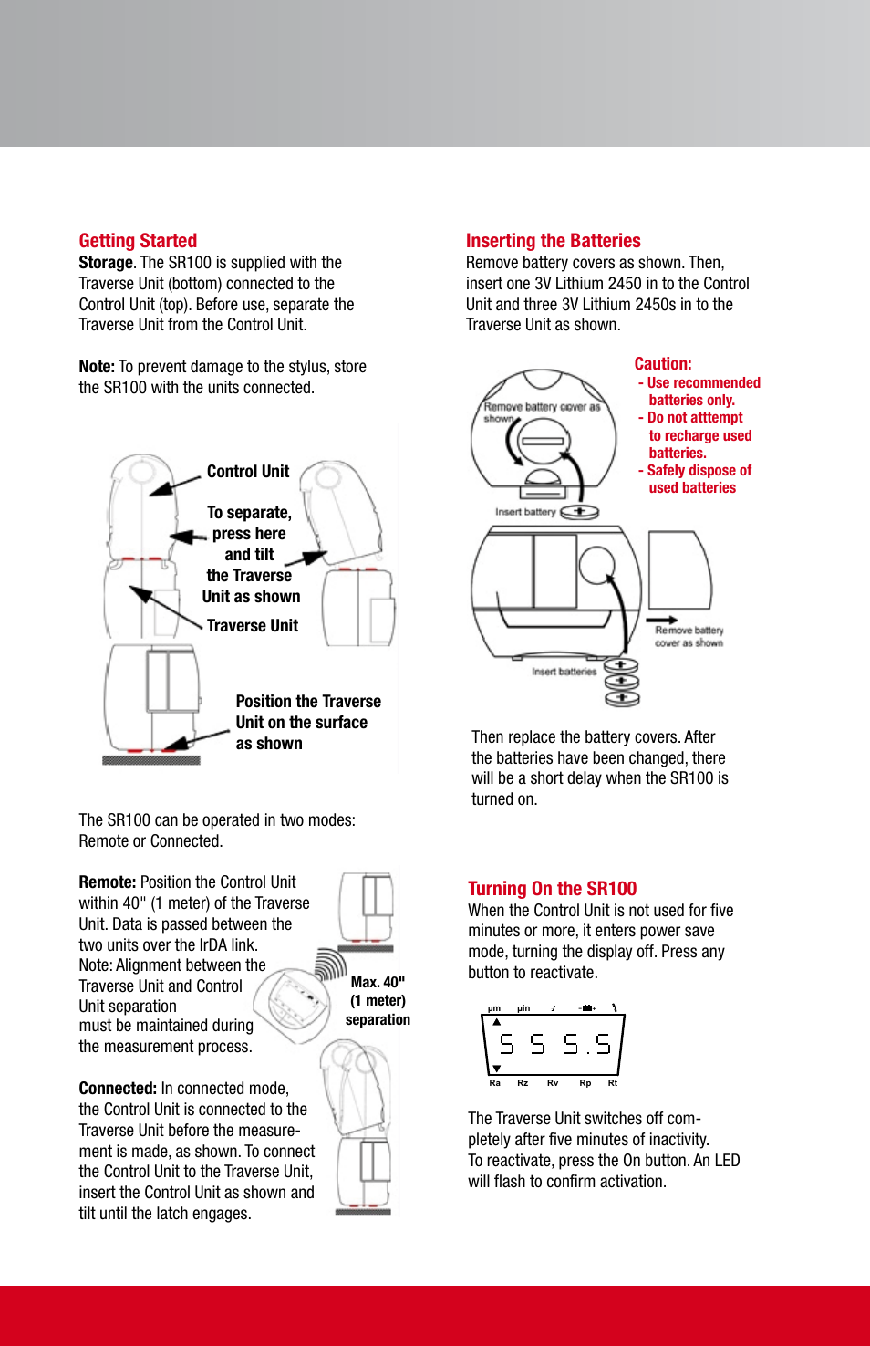 Getting started, Inserting the batteries, Turning on the sr100 | Starrett SR100 Surface Roughness Tester User Manual | Page 2 / 4