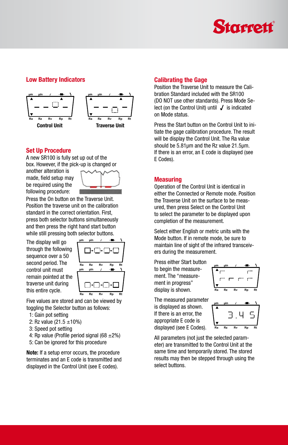 Μin µm ra rz rv rp rt, Calibrating the gage, Measuring | Low battery indicators set up procedure, Control unit traverse unit | Starrett SR100 Surface Roughness Tester User Manual | Page 3 / 4
