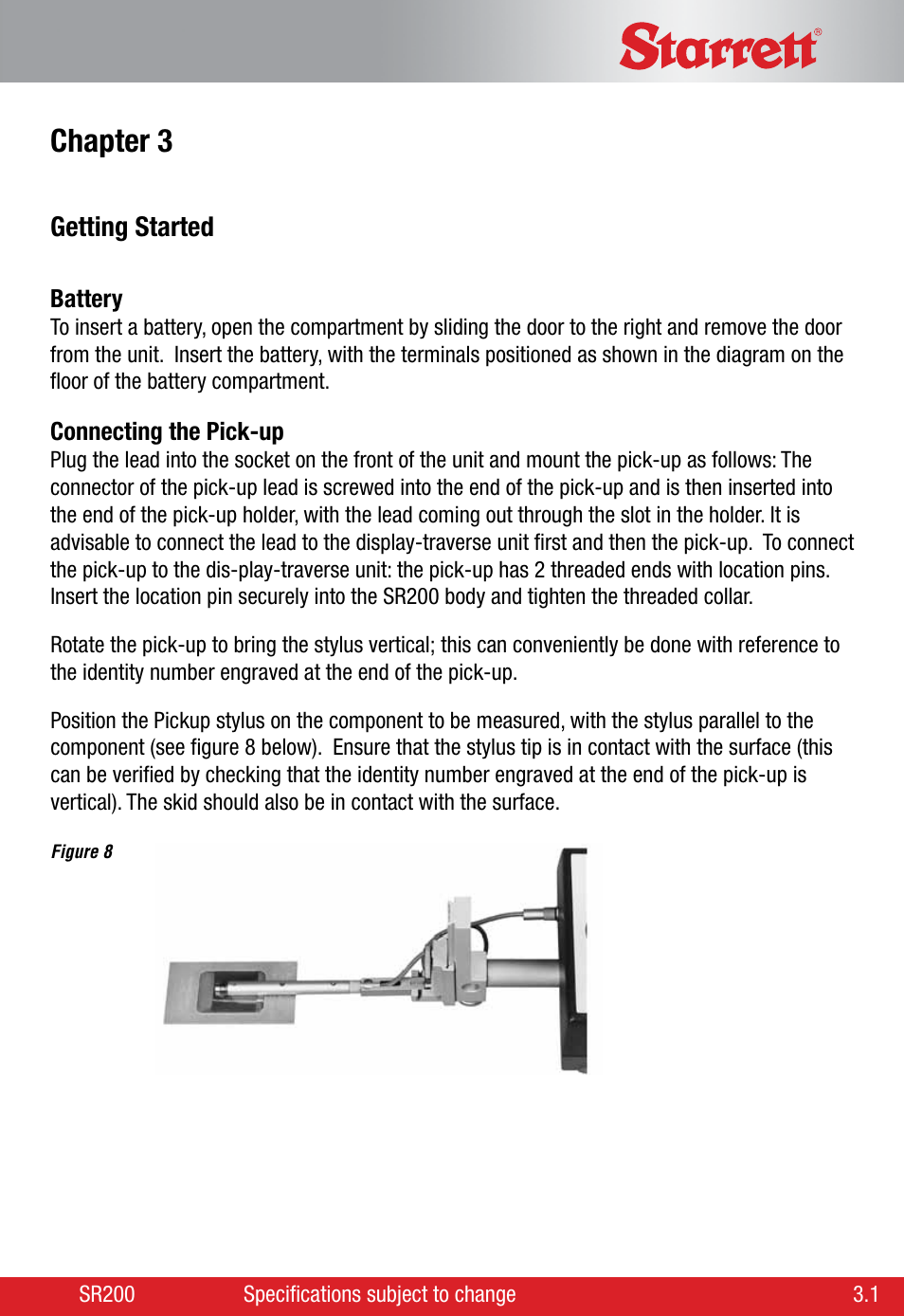 Chapter 3, Getting started | Starrett SR200 Surface Roughness Tester User Manual | Page 13 / 28