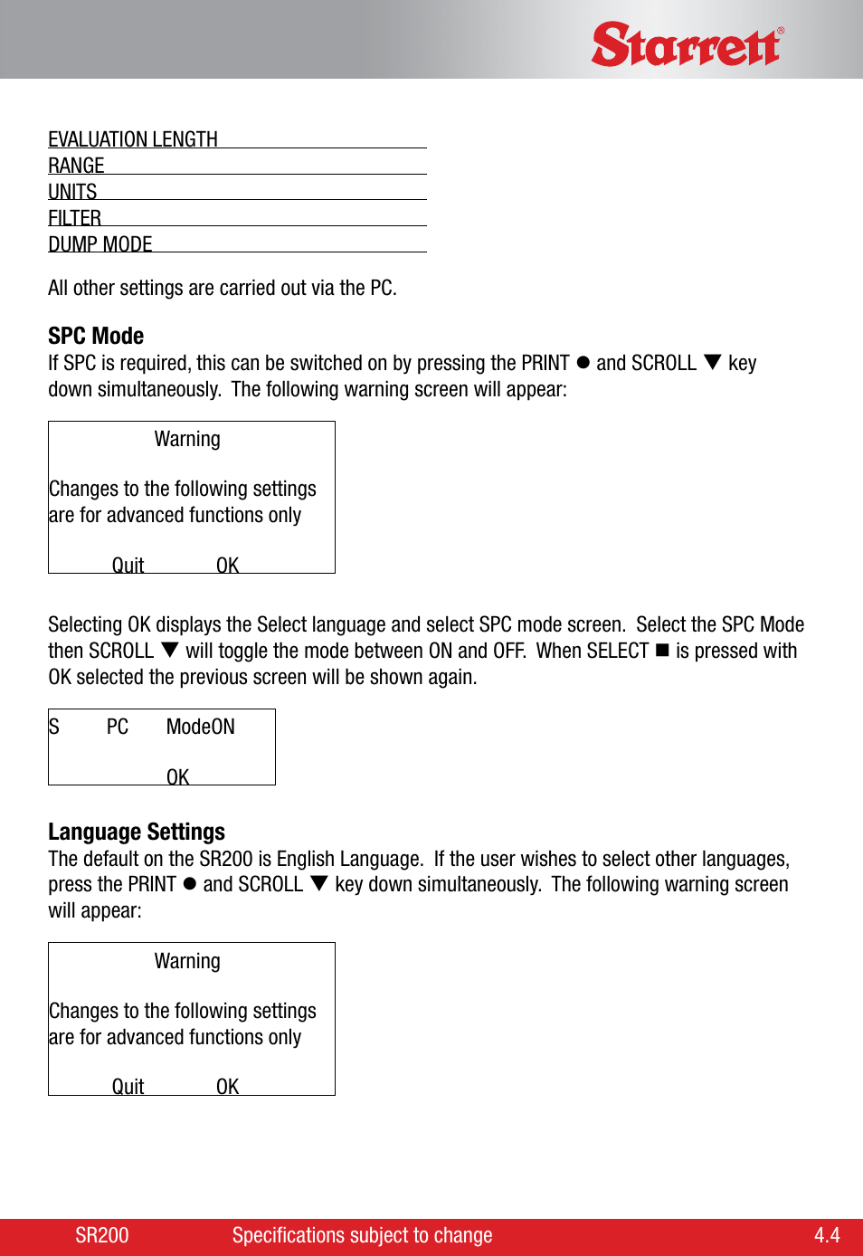 Starrett SR200 Surface Roughness Tester User Manual | Page 19 / 28