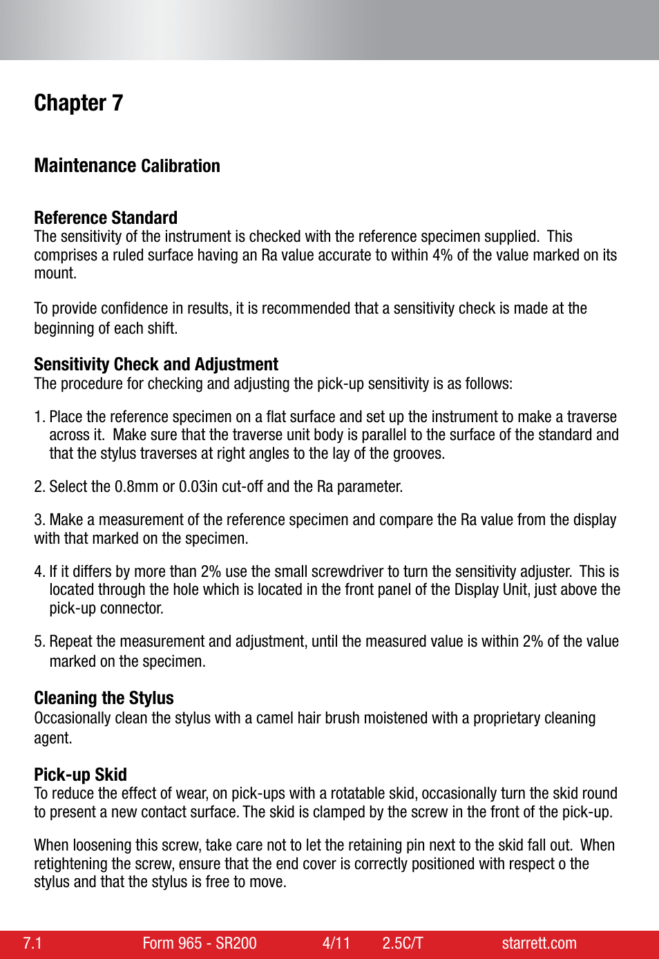 Chapter 7 | Starrett SR200 Surface Roughness Tester User Manual | Page 28 / 28