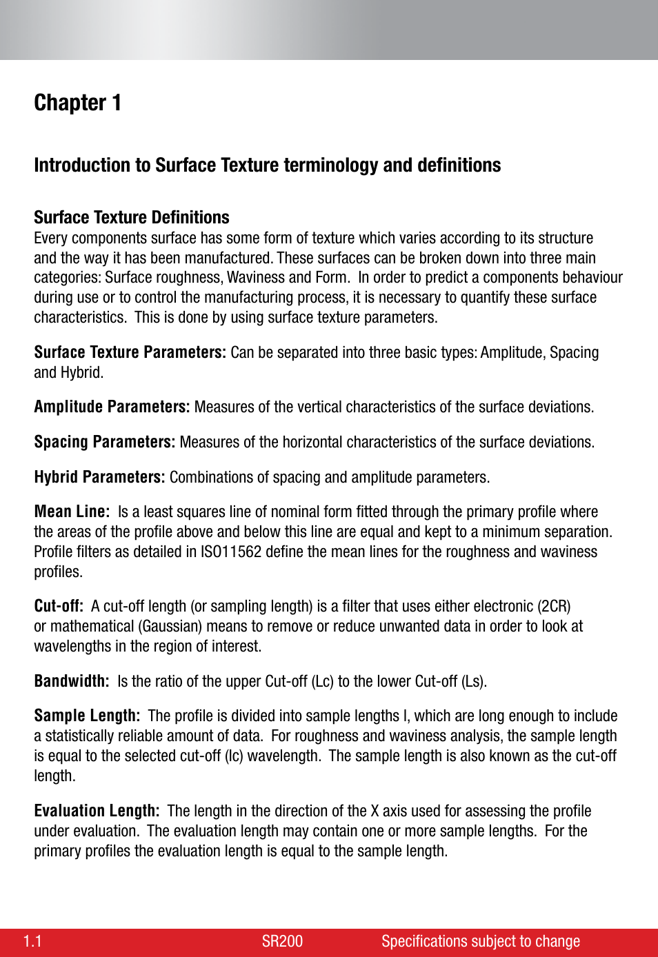 Chapter 1 | Starrett SR200 Surface Roughness Tester User Manual | Page 4 / 28