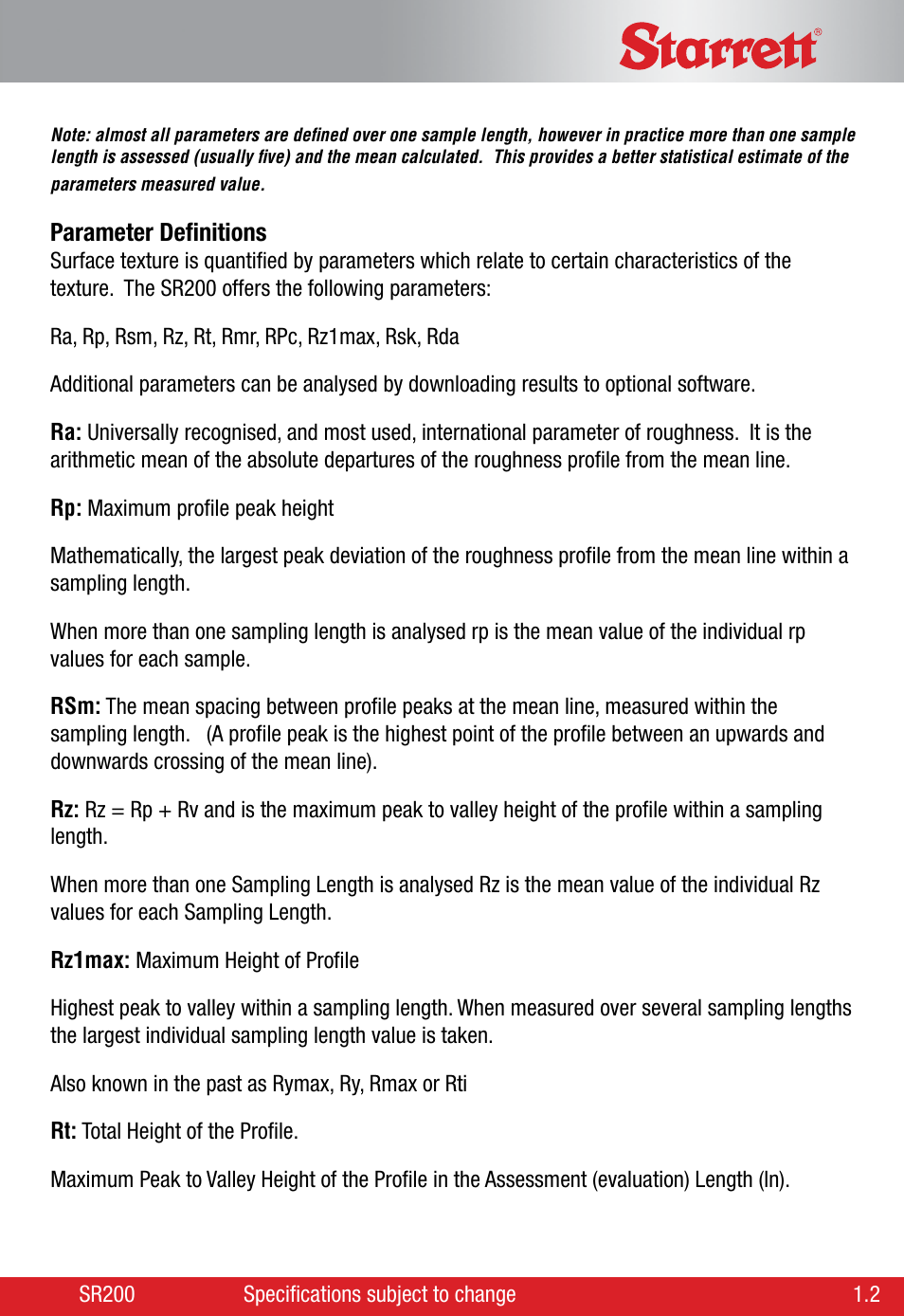 Starrett SR200 Surface Roughness Tester User Manual | Page 5 / 28